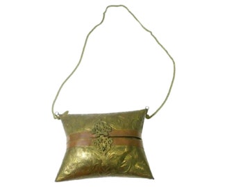 Vintage Brass and Copper Metal Pillow Purse Minaudiere 1930s, Free Shipping