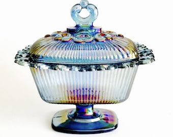 Vintage Blue Carnival Glass Open Lace Edge Candy Dish Compote with Lid by Indiana Glass