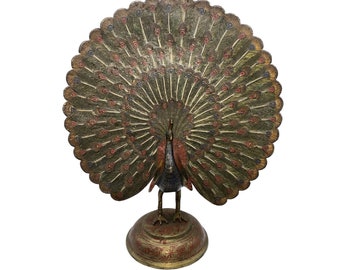 Mid Century Brass Engraved and Enamel Peacock Sculpture 1960s, Free Shipping