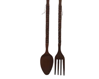 Mid Century Oversized Wooden Tiki Fork and Spoon 1970s, Free Shipping