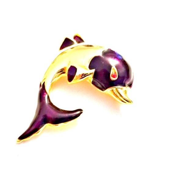 Vintage Purple and Gold Tone Enamel Dolphin Brooc… - image 2