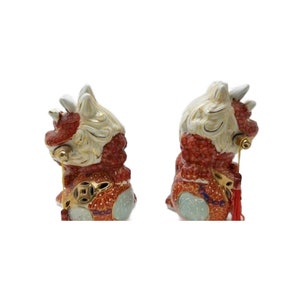 Satsuma Moriage Fu Dog, Komainu Lion, Set of 2, 1920s,7.5 W, Foo Lion, Foo Dog afbeelding 7