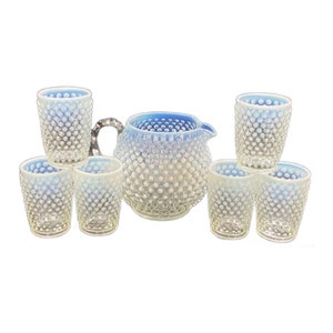 Vintage Fenton French Opalescent Glass Pitcher Set with 6 Tumblers, Moonstone Hobnail, 1940s, Free Shipping image 9