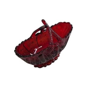 Fenton Ruby Red Glass Basket Small Daisy Pattern Split Twig Handle Candy Dish, Free Shipping image 2