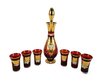 Vintage Victorian Glass Hand Painted Decanter and 6 Glasses by Seyei of Japan, Gold Gilt, 1960s, Free Shipping