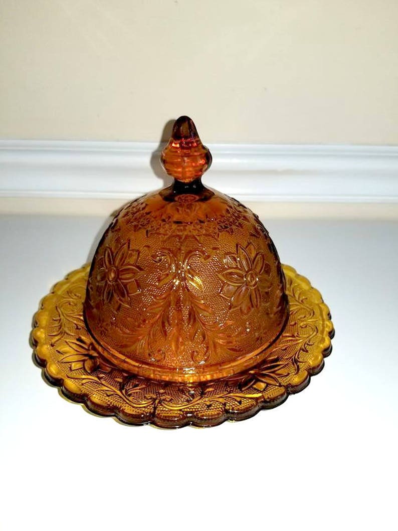 Vintage Domed Amber Glass Butter Dish in Sandwich Pattern Etsy