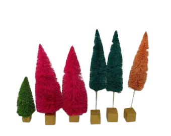 Vintage Rainbow Bottle Brush Trees Set of 6 Sisal-Trees Christmas-8"-15''Tall