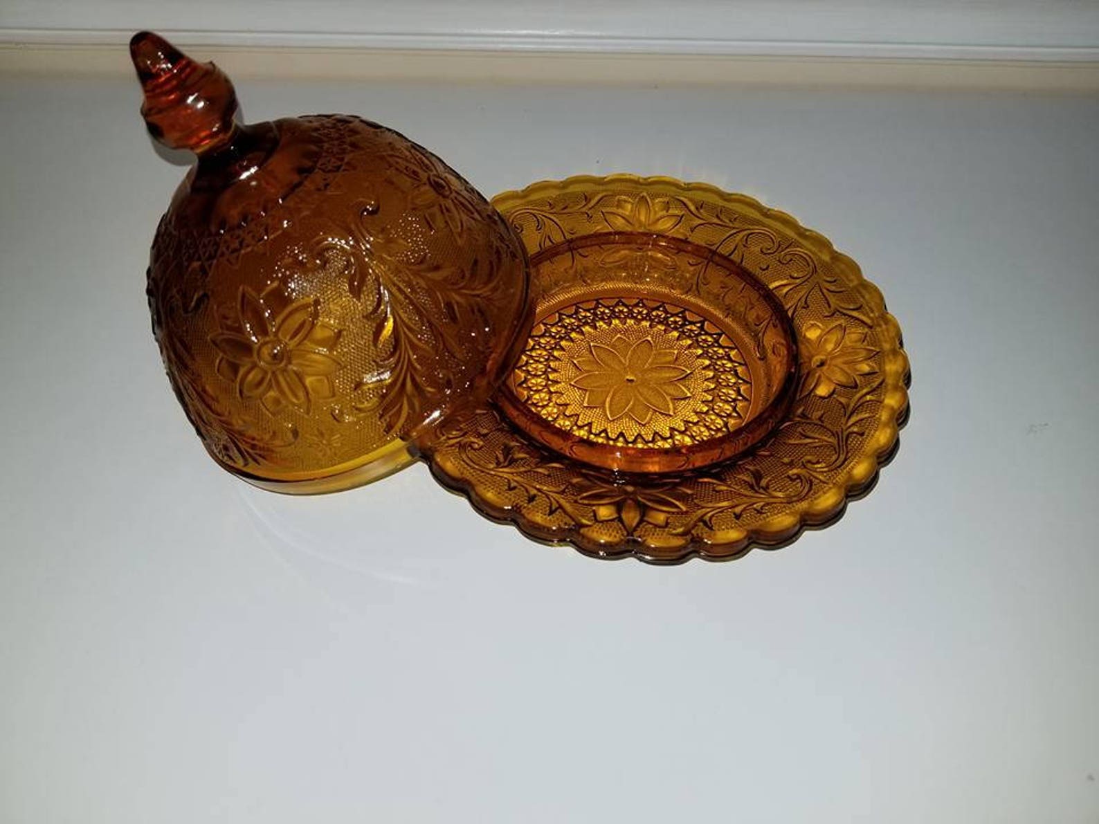 Vintage Domed Amber Glass Butter Dish in Sandwich Pattern Etsy