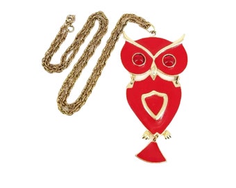 Vintage Red Enamel Articulated Owl Necklace by JJ 1970s, Free Shipping