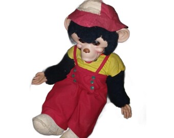Vintage RUSHTON Rubber Face Monkey With Red Overalls, Mr