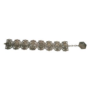 Antique Bracelet Souvenir of PARIS Stamped Hallmark Silver Tone Filigree Landmarks ,1930s,  7" Long