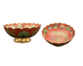 Vintage Red Enamel and Brass Peacock Bowl, Made in India, Peacock Decor, Red CLOISONNE Trinket Dish, Free Shipping