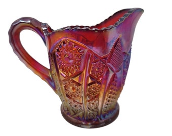 Red Sunset Heirloom Paneled Daisy Carnival Glass Creamer Pitcher by Indiana Glass Co, Free Shipping