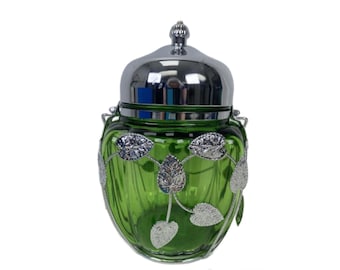 Vintage Green Ribbed Melon Glass, Musical Metal Foliage BISCUIT JAR, Green Glass Ice Bucket 1980s