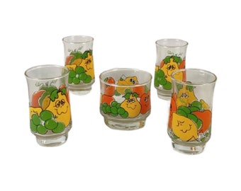 Vintage Nancy Lynn Anthropomorphic Laughing Fruit Juice Glasses, Set of 5, Free Shipping