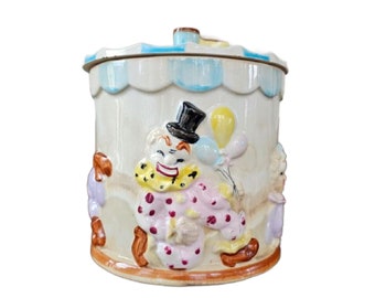 Vintage Big Top Circus Clown Cookie Jar, Tilso Japan, 1950s, Free Shipping