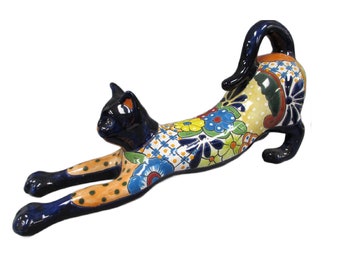 Talavera Cat, Mexican Pottery Stretching Cat, 18" Long, Free Shipping