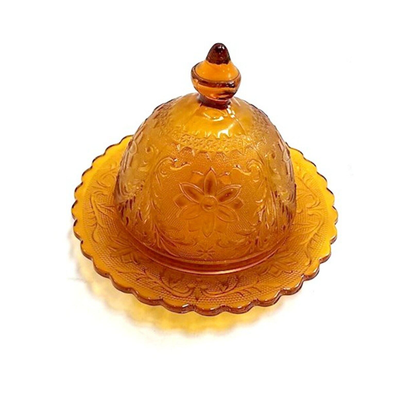 Vintage Domed Amber Glass Butter Dish in Sandwich Pattern Etsy