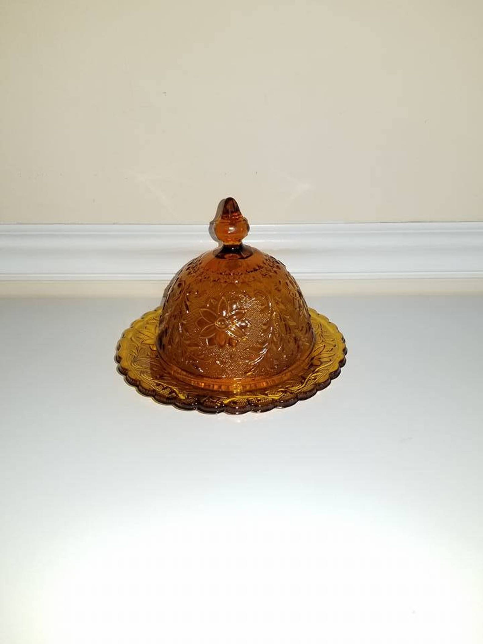 Vintage Domed Amber Glass Butter Dish in Sandwich Pattern Etsy