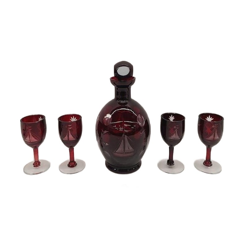 Mid Century Bohemia Cut to Clear Ruby Red Stemmed Cordial & Decanter Set , 5 Pieces. Free Shipping image 10