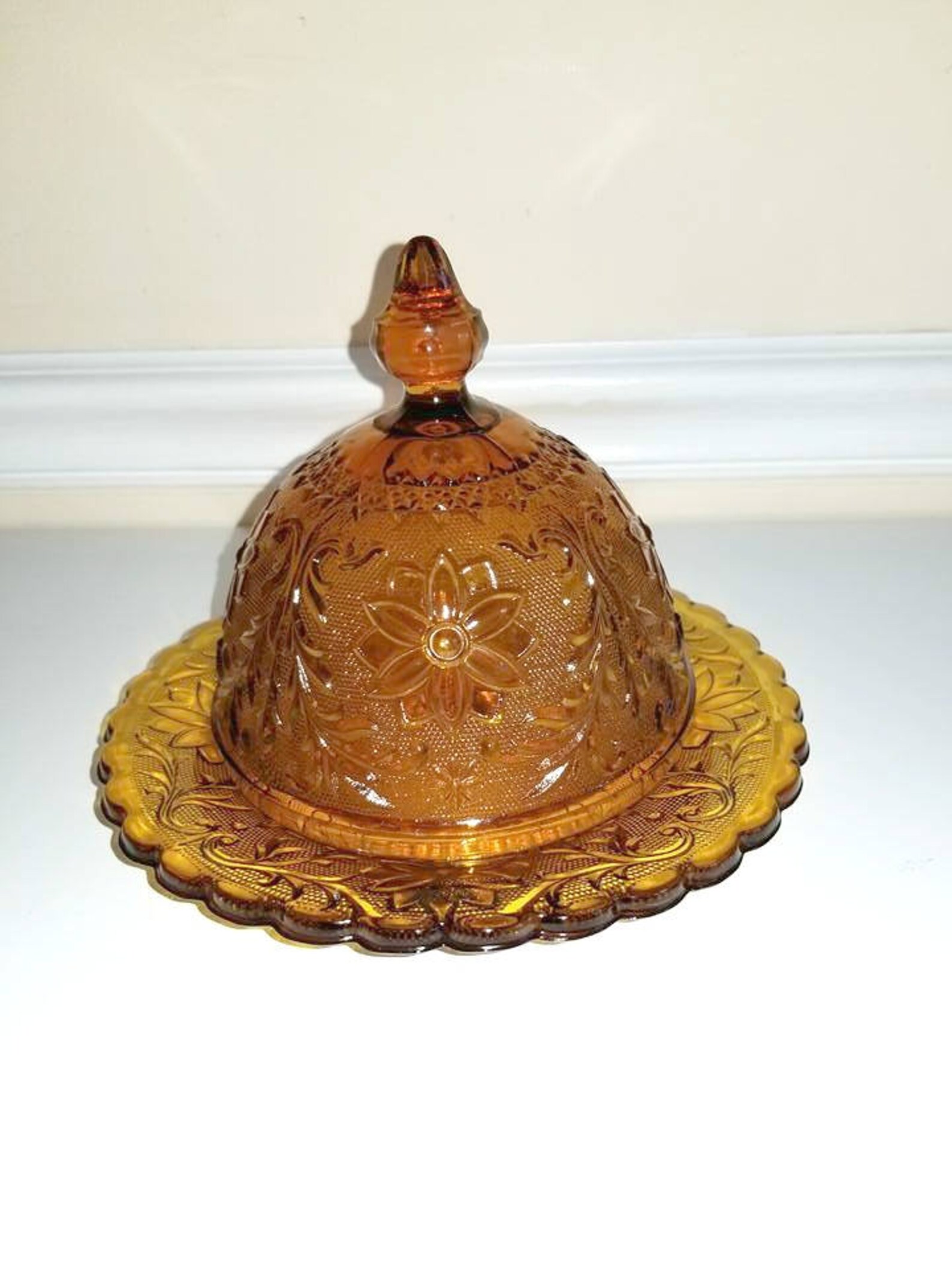 Vintage Domed Amber Glass Butter Dish in Sandwich Pattern Etsy