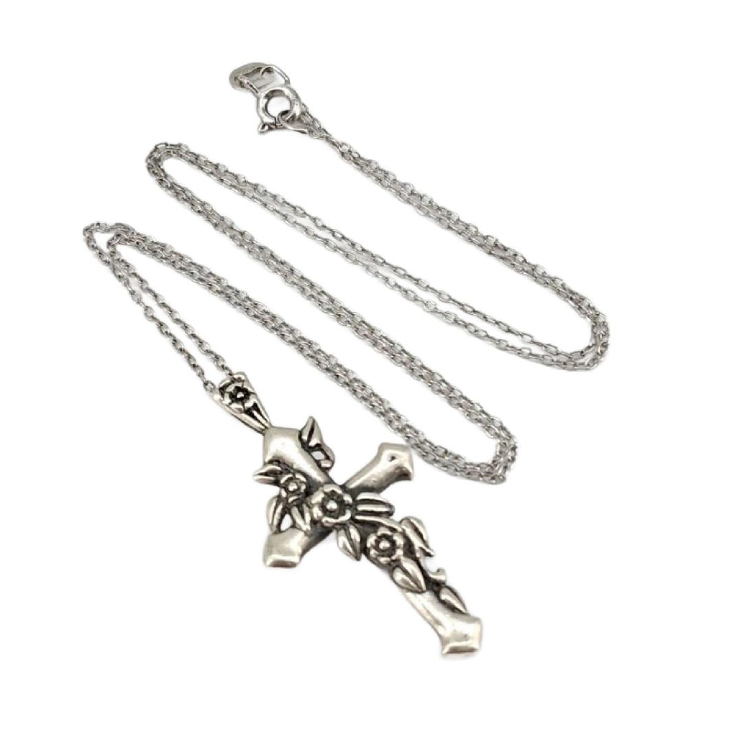 Vintage Sterling Silver Floral Cross Pendant Necklace - Etsy