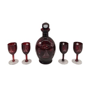 Mid Century Bohemia Cut to Clear Ruby Red Stemmed Cordial & Decanter Set , 5 Pieces. Free Shipping image 7
