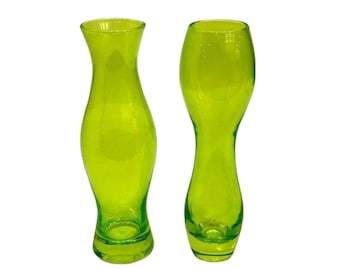 Lime Green Modern Contemporary Studio Art Glass Vase, Set of 2,  10" Tall, Free Shipping