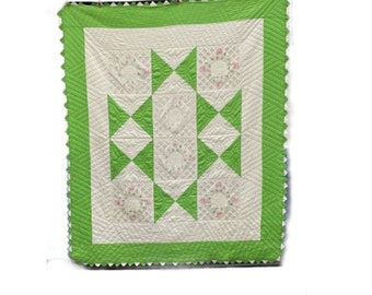 Vintage Hand Stitched Green Shattered Star Quilt King Size Quilt  95 x 82, Free Shipping