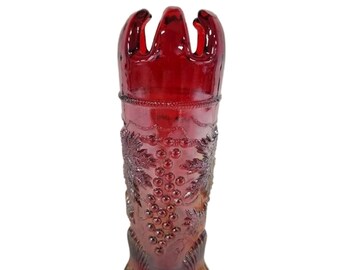 Red Carnival Glass Hatpin Holder, Red Glass Hairpin Pin Holder, Grape Pattern, 7.25" Tall, Free Shipping