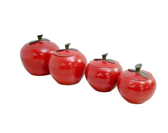 Mid Century Red Enamel Apple Canister Set of 4, Free Shipping