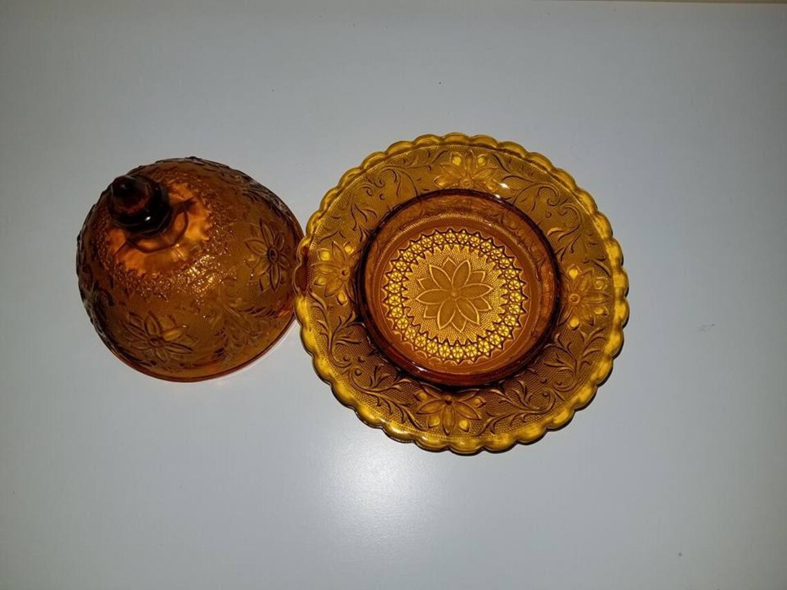 Vintage Domed Amber Glass Butter Dish in Sandwich Pattern Etsy