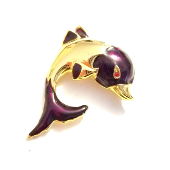Vintage Purple and Gold Tone Enamel Dolphin Brooc… - image 1