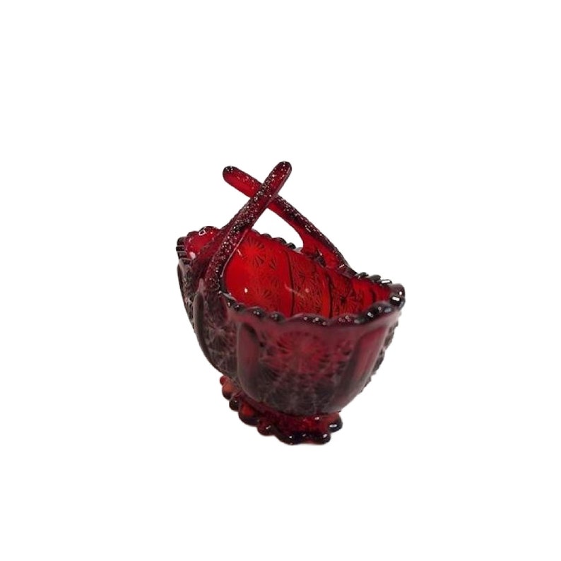 Fenton Ruby Red Glass Basket Small Daisy Pattern Split Twig Handle Candy Dish, Free Shipping image 9