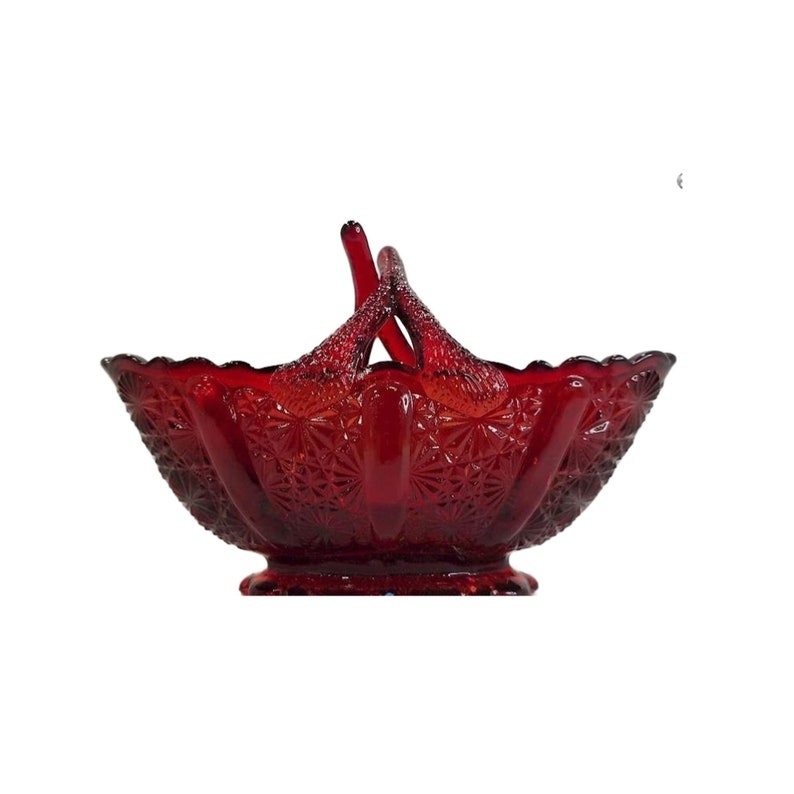 Fenton Ruby Red Glass Basket Small Daisy Pattern Split Twig Handle Candy Dish, Free Shipping image 5