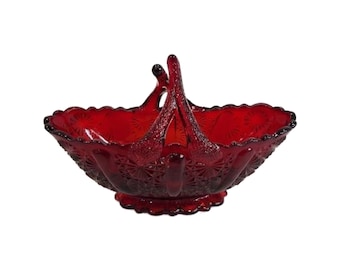 Fenton Ruby Red Glass Basket Small Daisy Pattern Split Twig Handle Candy Dish, Free Shipping