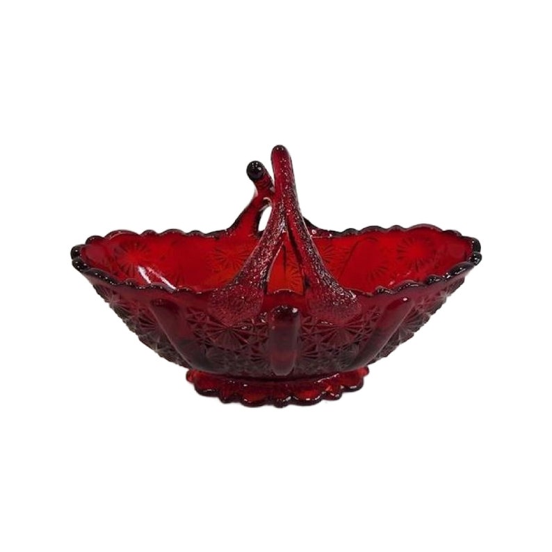 Fenton Ruby Red Glass Basket Small Daisy Pattern Split Twig Handle Candy Dish, Free Shipping image 1