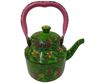 Hand Painted Lime Green and Pink Enamel Tea Kettle, Free Shipping