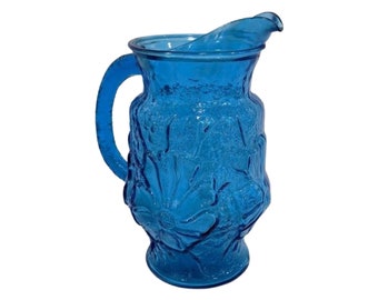 Vintage Aqua Glass Rain Flower Pitcher by Anchor Hocking, Free Shipping