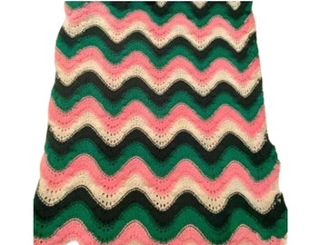 Vintage 70s Pink and Green Crocheted Zig Zag Afghan 60" LONG x 50" WIDE