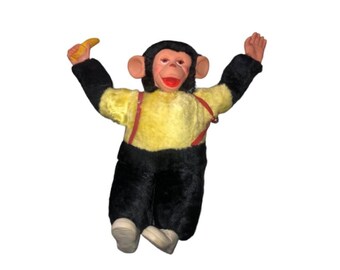 Vintage Zippy Rubber Face Plush Monkey with Banana and Suspenders, Free Shipping