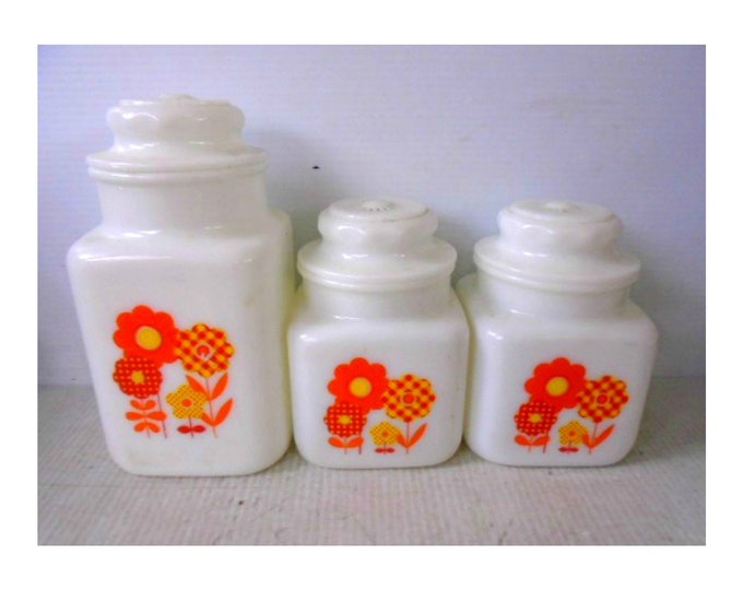 Vintage Milk Glass Canister Set With Orange Mod Flowers RARE SET Etsy