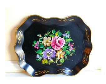 Vintage Nashco Tole Tray with Hand Painted Flowers, Floral Toleware 1960s