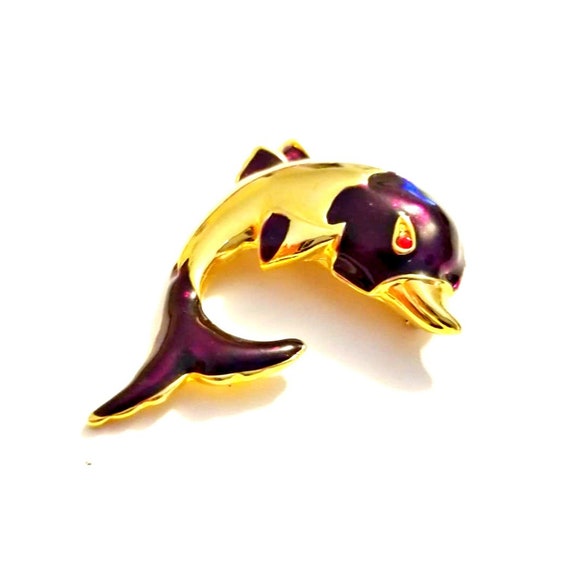Vintage Purple and Gold Tone Enamel Dolphin Brooc… - image 8