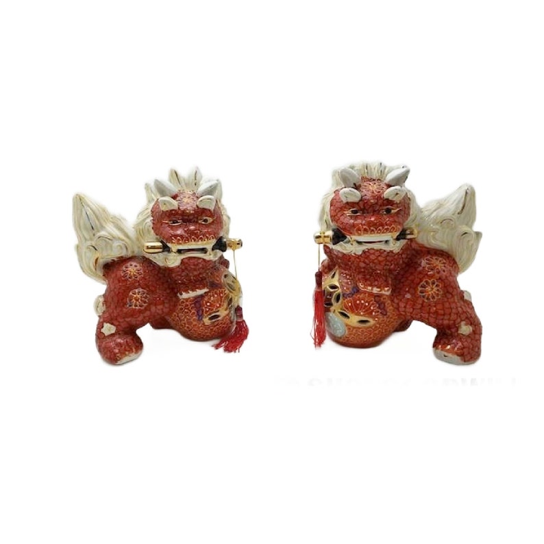 Satsuma Moriage Fu Dog, Komainu Lion, Set of 2, 1920s,7.5 W, Foo Lion, Foo Dog afbeelding 10