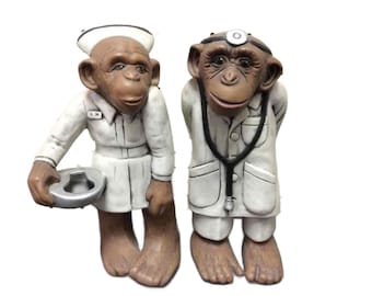 Vintage Doctor Monkey, Nurse Monkey by Joyce, 1970s, Free Shipping