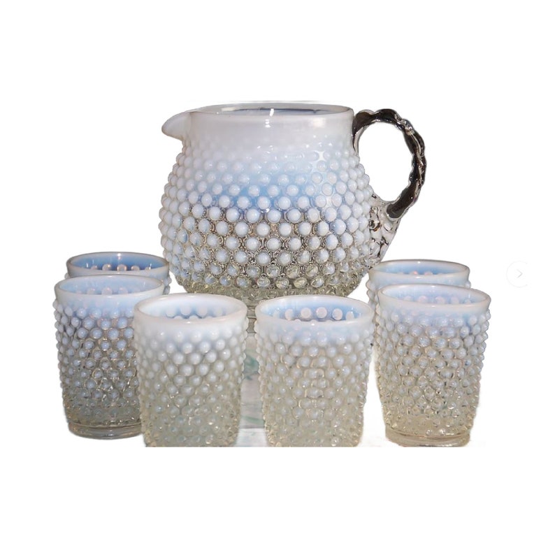 Vintage Fenton French Opalescent Glass Pitcher Set with 6 Tumblers, Moonstone Hobnail, 1940s, Free Shipping image 3