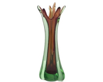 Vintage MCM Hand Blown Art Glass Amethyst and Green Vase 11.5", Free Shipping