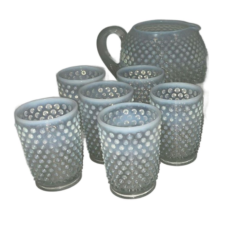 Vintage Fenton French Opalescent Glass Pitcher Set with 6 Tumblers, Moonstone Hobnail, 1940s, Free Shipping image 6