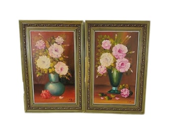 Vintage Floral Still Life Oil Painting Artist Signed by D Ramos, Set of 2,   24" Tall, Free Shipping